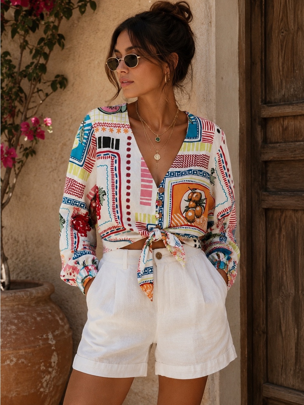 Joie Linen Tie Front Mediterranean Print Top Boho Euro Summer Coastal Chic S